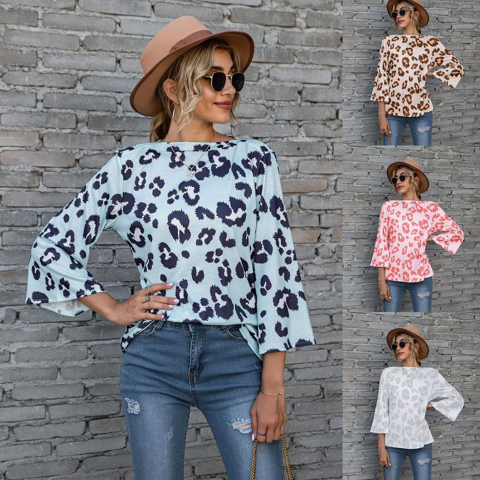 Hot Leopard Print Crewneck T-Shirt with Nine-Tilt Sleeve - Image 5