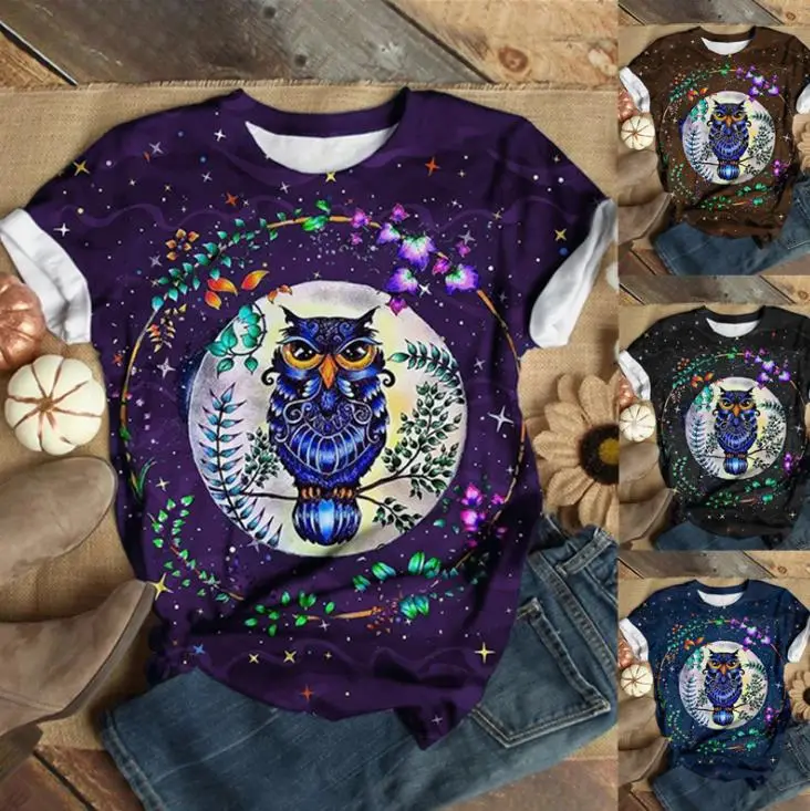 3D Printed Owl T-Shirt Women Brown Loose Round Neck - Image 6