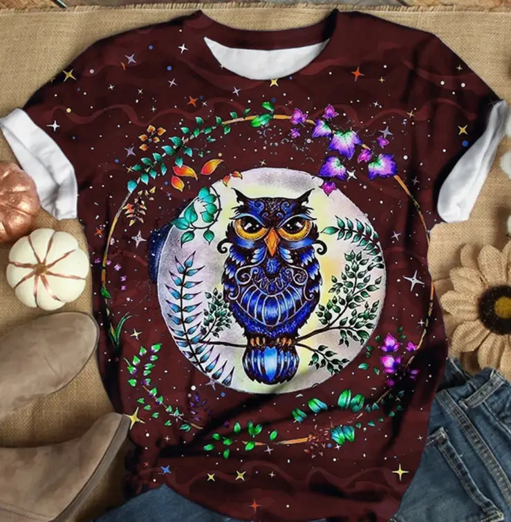 3D Printed Owl T-Shirt Women Brown Loose Round Neck — feature 2