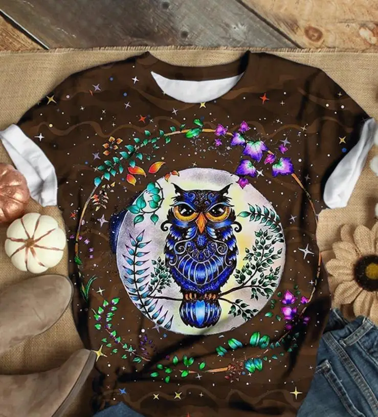 3D Printed Owl T-Shirt Women Brown Loose Round Neck — feature 3