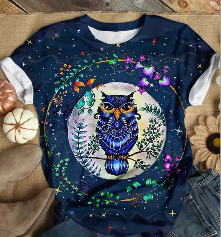 3D Printed Owl T-Shirt Women Brown Loose Round Neck — feature 4