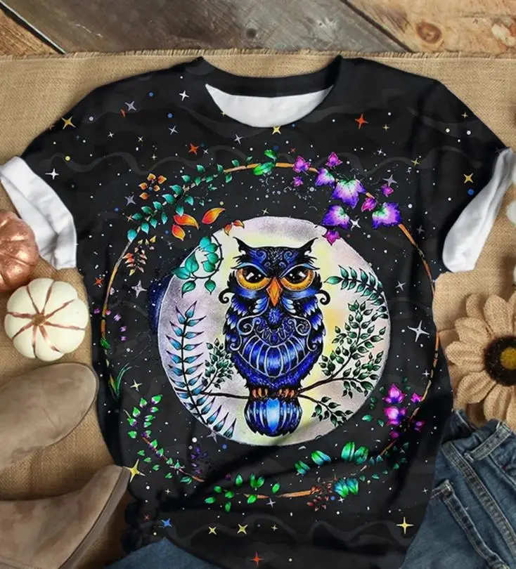 3D Printed Owl T-Shirt Women Brown Loose Round Neck — feature 5