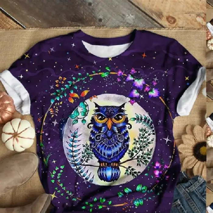 3D Printed Owl T-Shirt Women Brown Loose Round Neck - Image 2