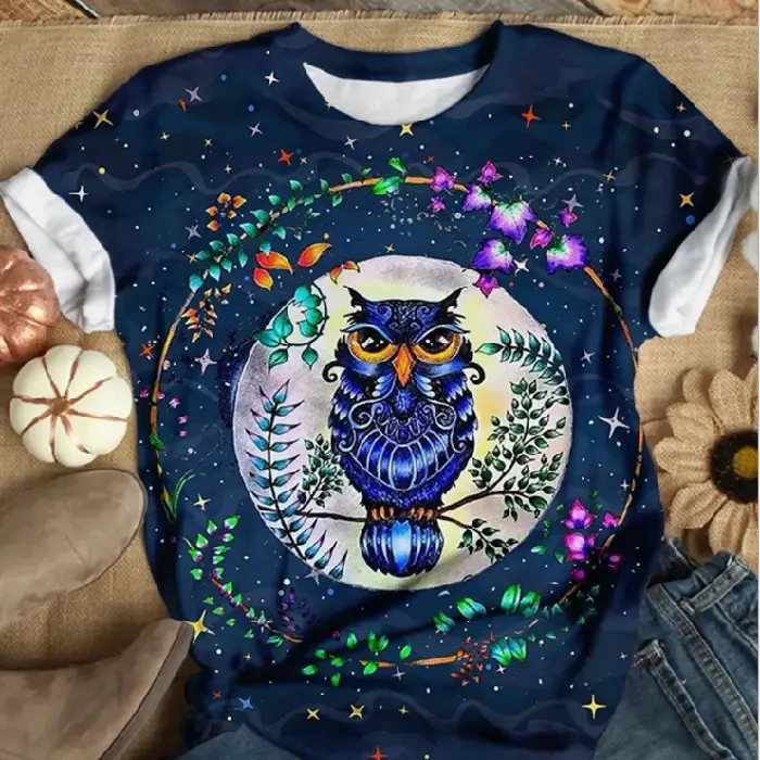 3D Printed Owl T-Shirt Women Brown Loose Round Neck - Image 4