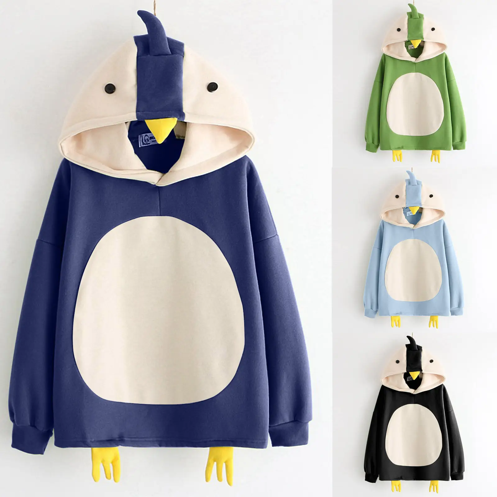 2024 Winter Cartoon Chick Fleece Hooded Sweatshirt Blue White - Image 8