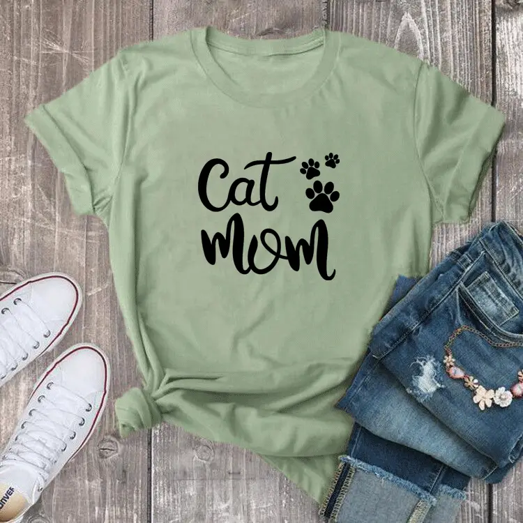 Cat Mama Printed Green T-Shirt Short Sleeve - Image 4
