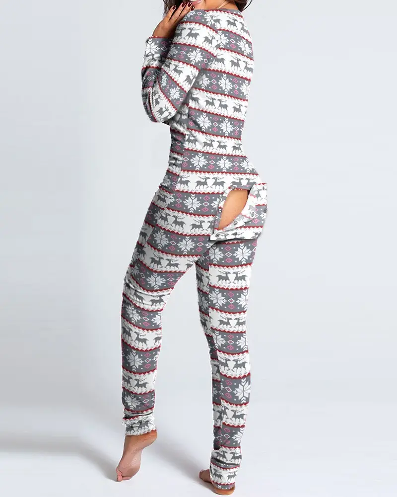 2023 Button Flip Pajamas Christmas Printed Long Sleeve - Image 4