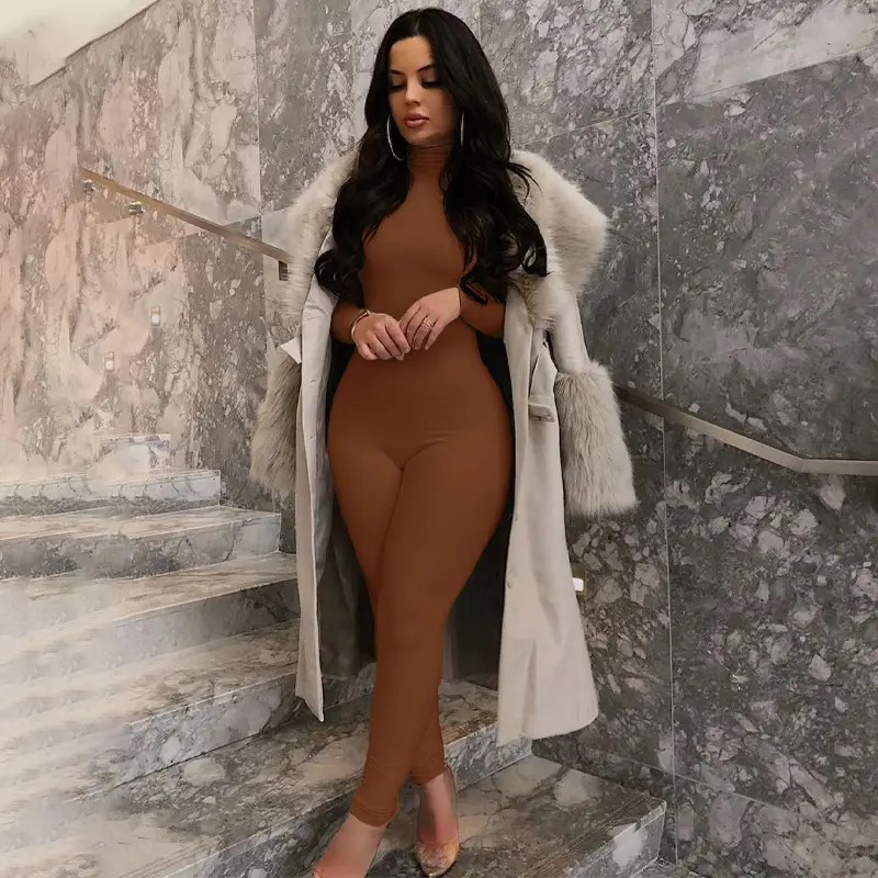 Brown Tight Fit Jumpsuit for Women Winter Sports Fitness - Image 5