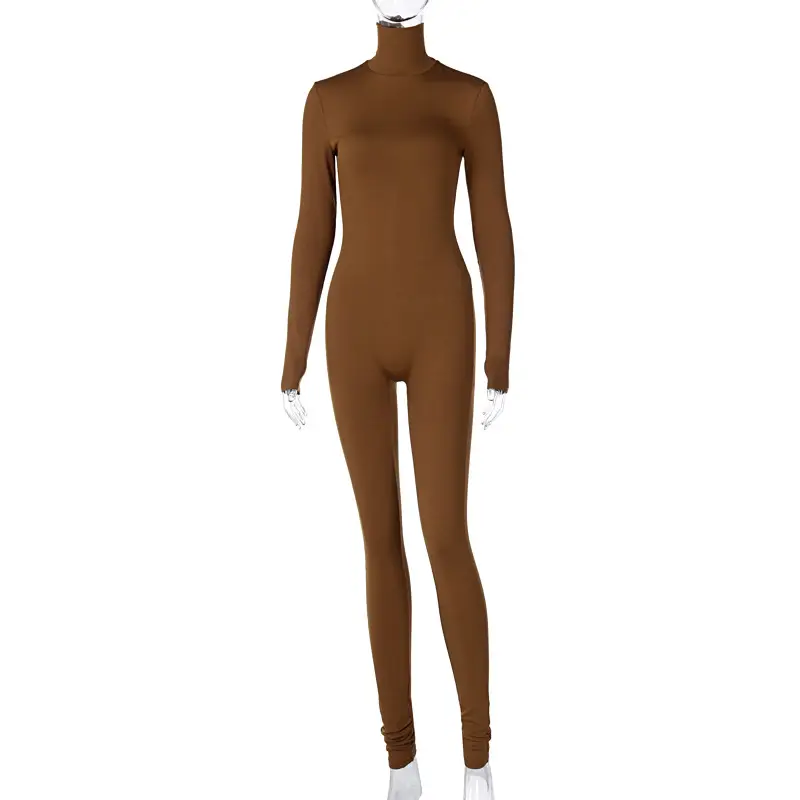 Brown Tight Fit Jumpsuit for Women Winter Sports Fitness - Image 2