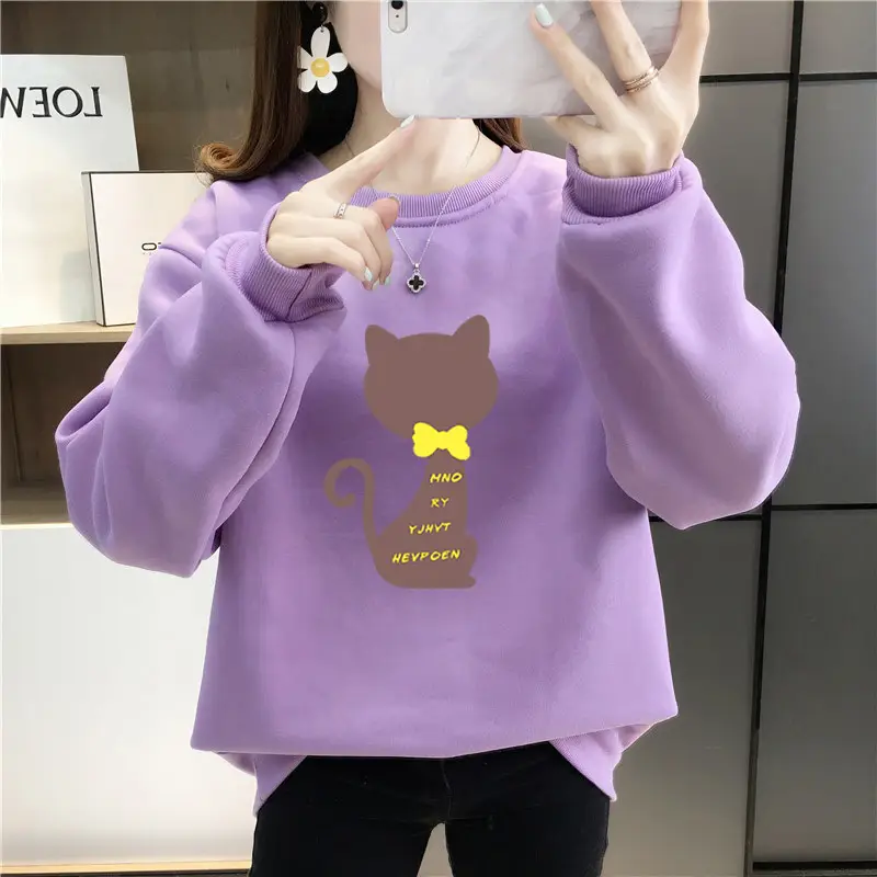 Purple Fleece Cat Print Long Sleeve Sweatshirt - Image 5