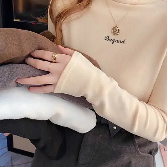 Women's Double-Sided Fleece Shirt Beige Long Sleeve Winter Warm - Image 6