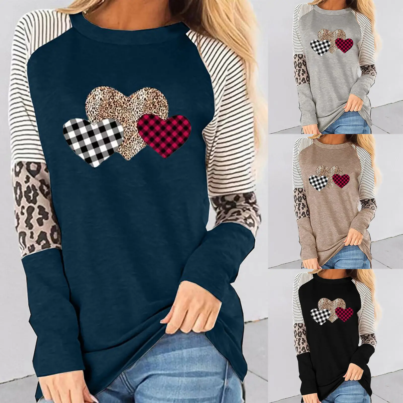 European Women's Heart Patchwork Long Sleeve T-Shirt - Image 5