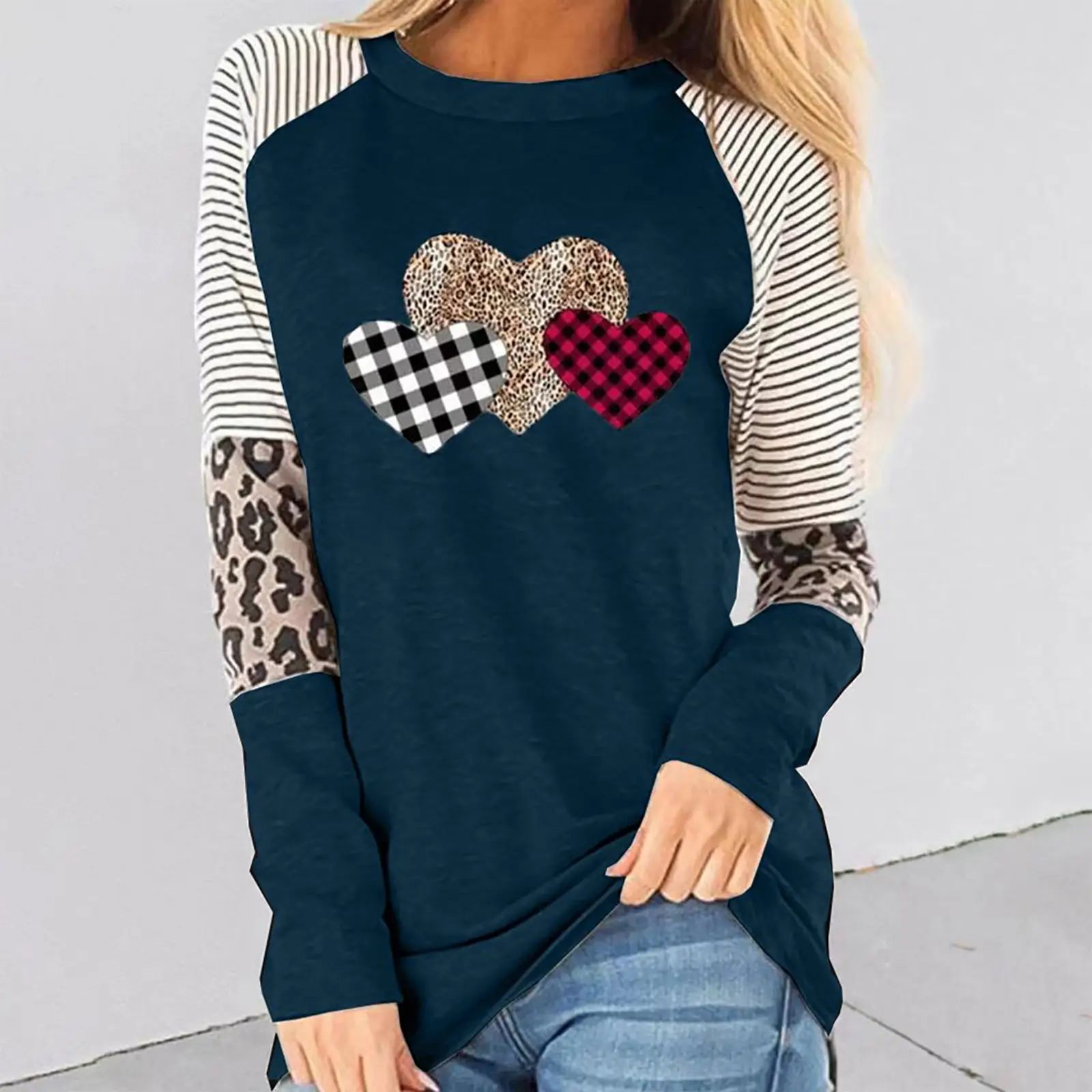 European Women's Heart Patchwork Long Sleeve T-Shirt - Image 7