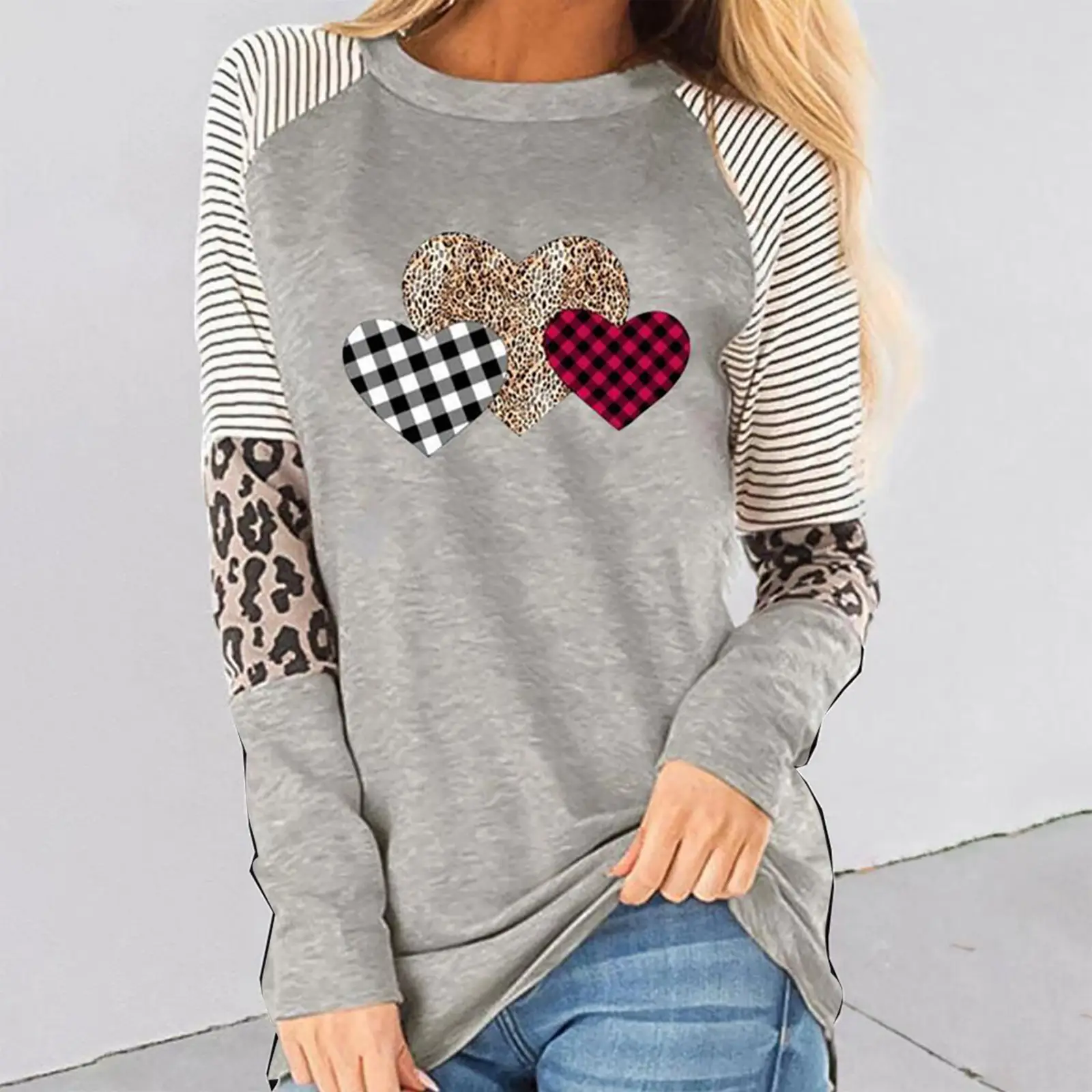 European Women's Heart Patchwork Long Sleeve T-Shirt - Image 8