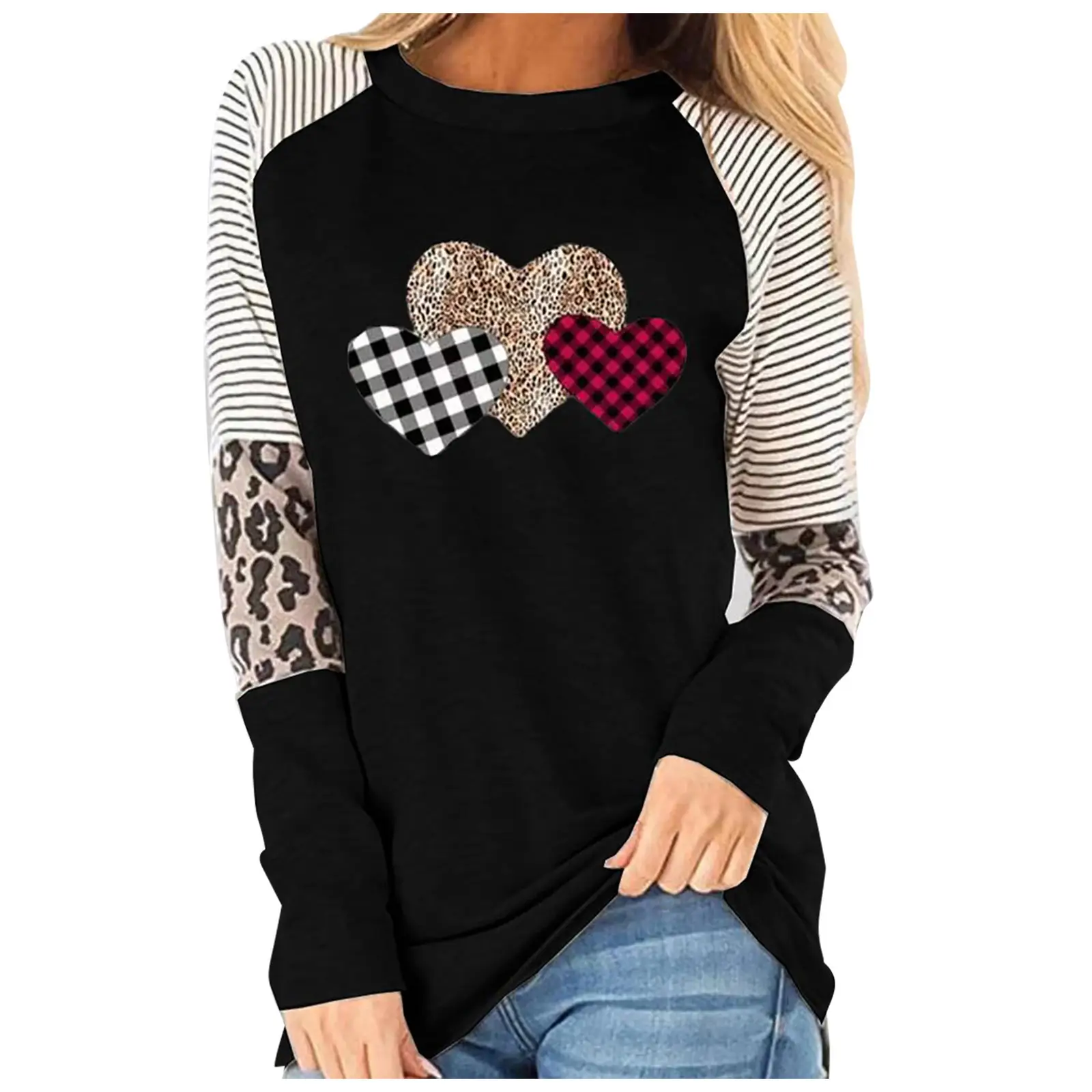 European Women's Heart Patchwork Long Sleeve T-Shirt - Image 9