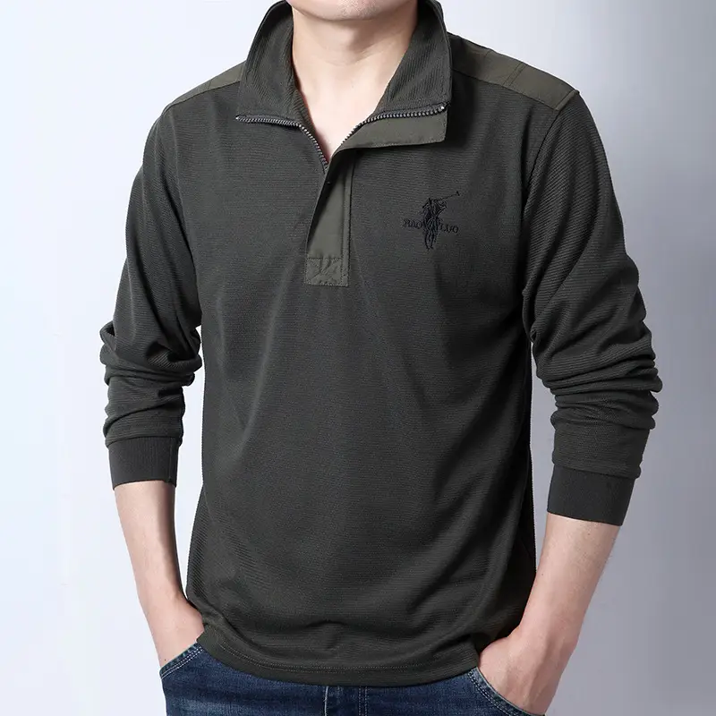 Men Grey Long Sleeve Zipper Polo Shirt Large