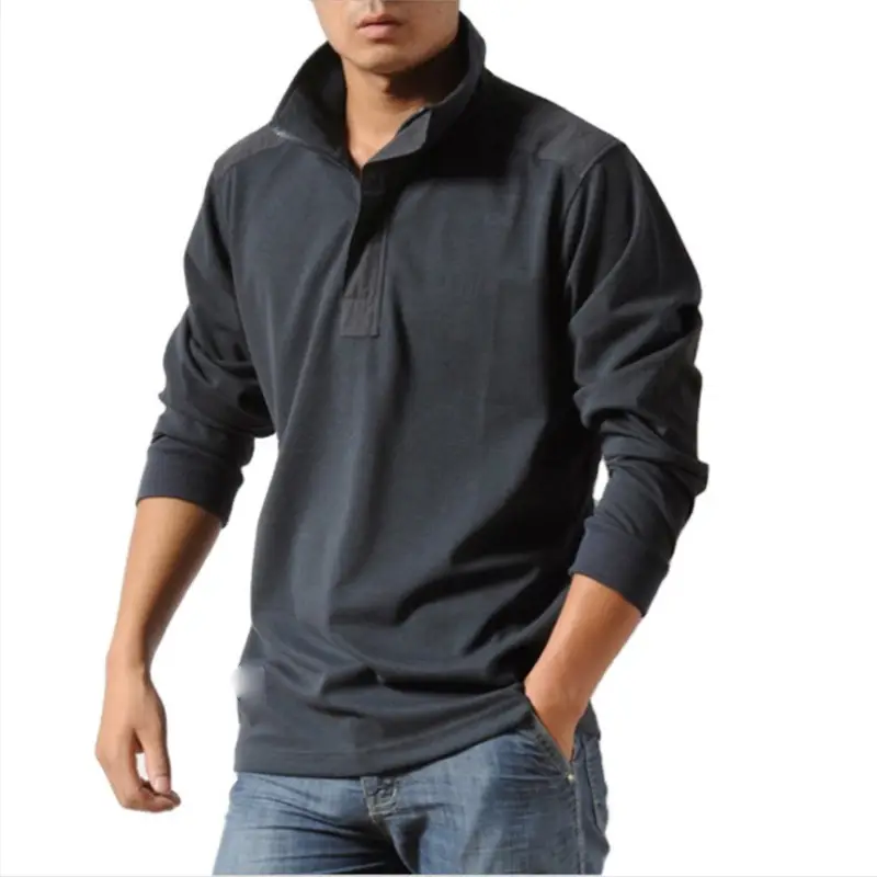 Men Grey Long Sleeve Zipper Polo Shirt Large