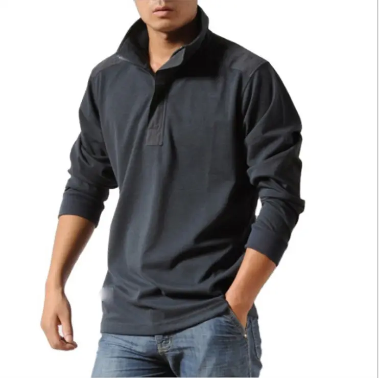 Men Grey Long Sleeve Zipper Polo Shirt Large