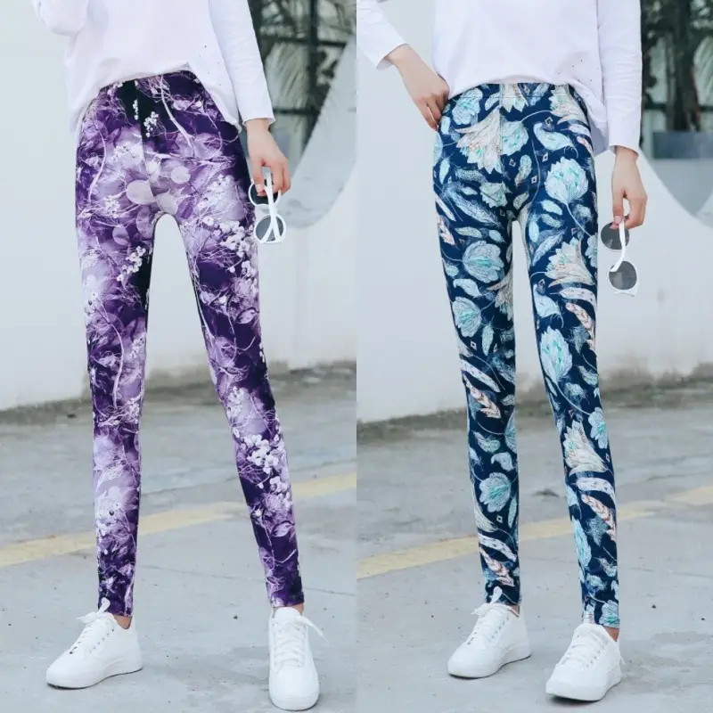 Women Printed Leggings Blue High Waist Large - Image 20