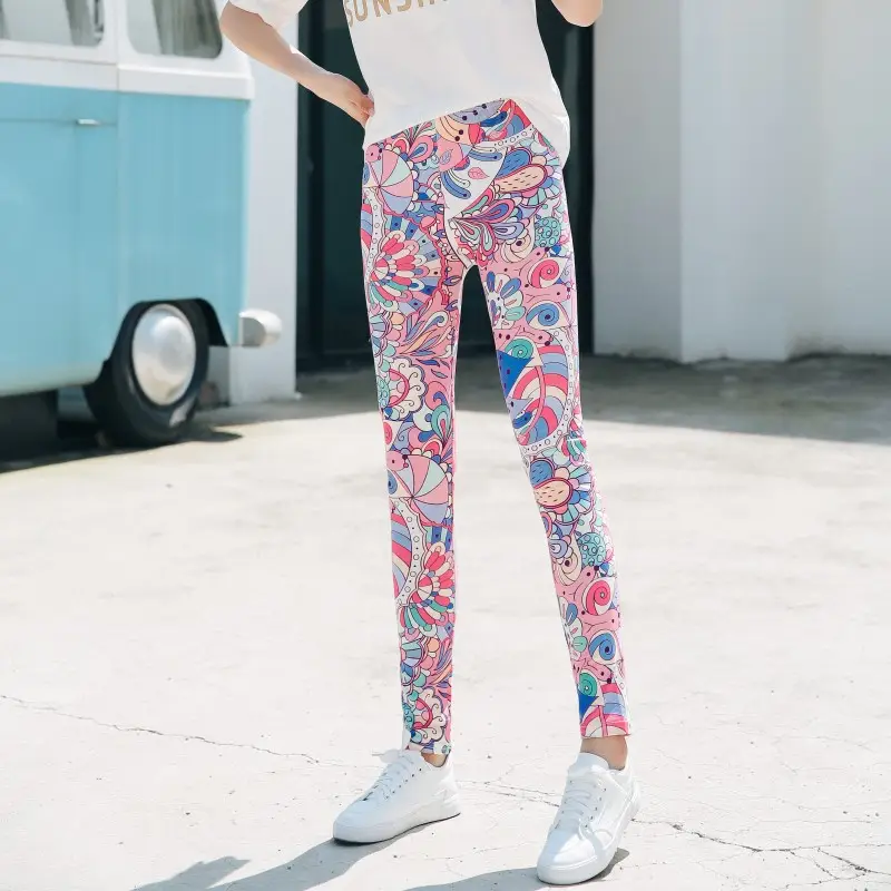 Women Printed Leggings Blue High Waist Large - Image 21