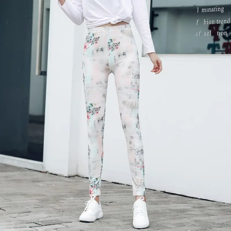 Women Printed Leggings Blue High Waist Large - Image 6