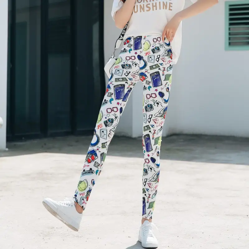 Women Printed Leggings Blue High Waist Large - Image 11