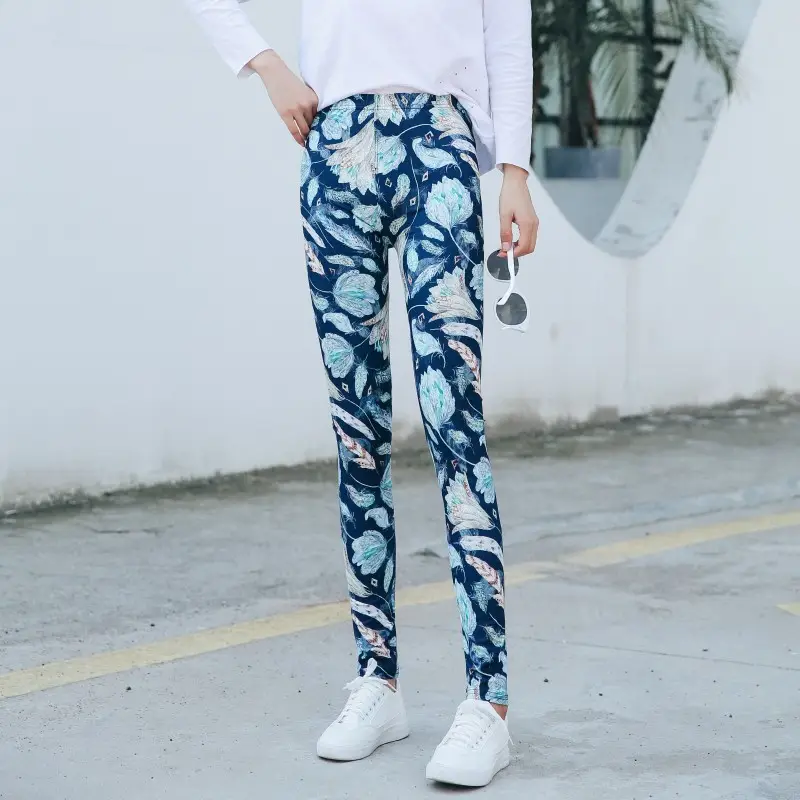 Women Printed Leggings Blue High Waist Large - Image 2