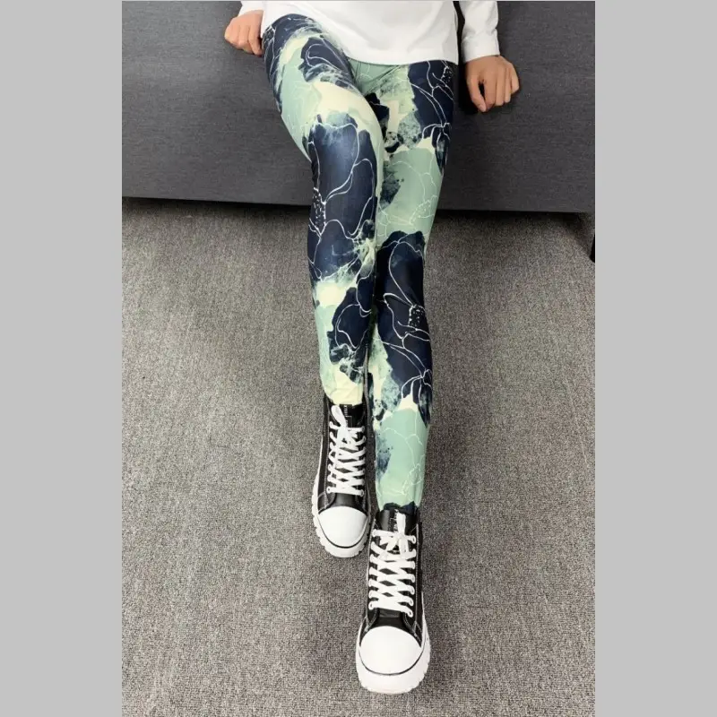 Women Printed Leggings Blue High Waist Large - Image 3