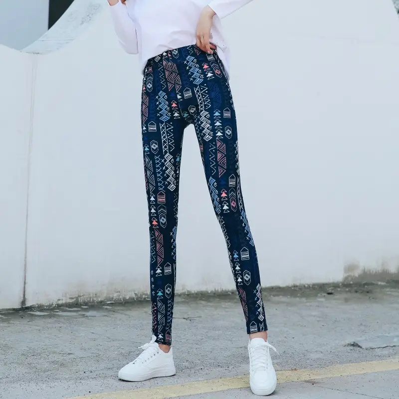 Women Printed Leggings Blue High Waist Large - Image 4