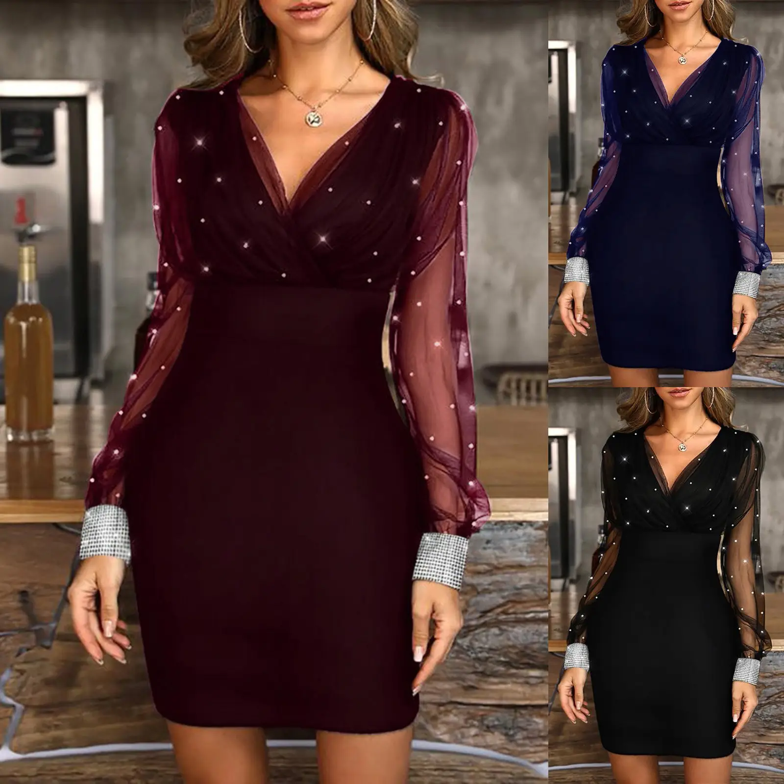 Maroon Mesh Bubble Dress Slim Sexy Miss Dress
