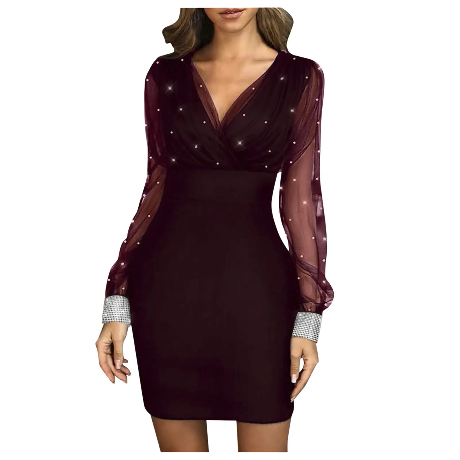 Maroon Mesh Bubble Dress Slim Sexy Miss Dress