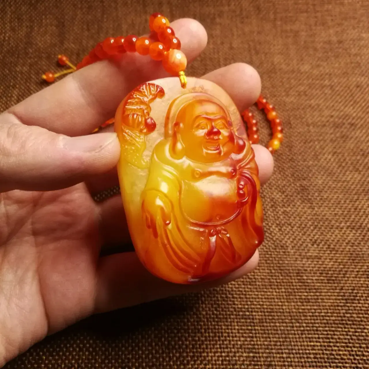 Beeswax Maitreya Buddha Pendant Yellow Amber Ethnic Necklace