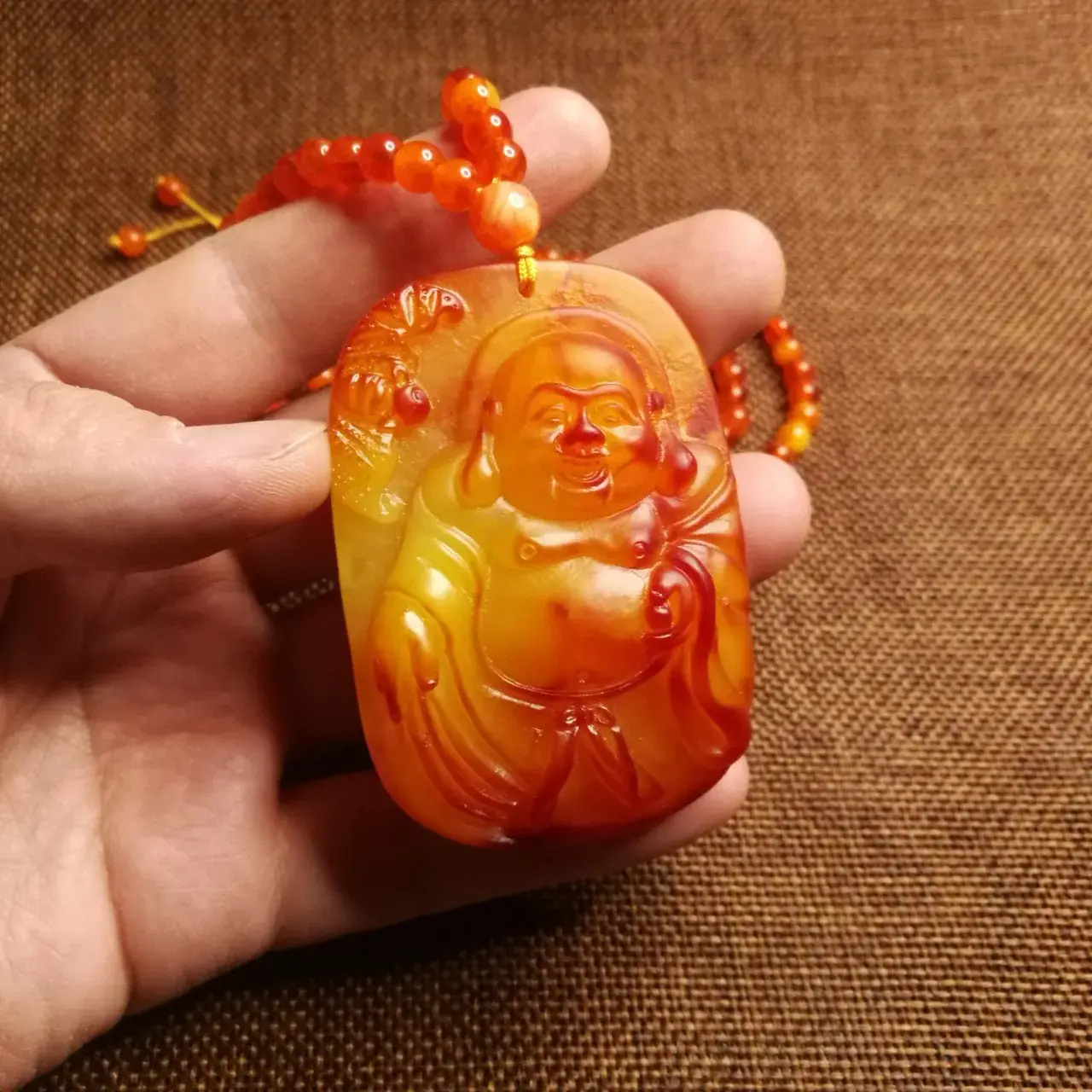 Beeswax Maitreya Buddha Pendant Yellow Amber Ethnic Necklace — feature 1