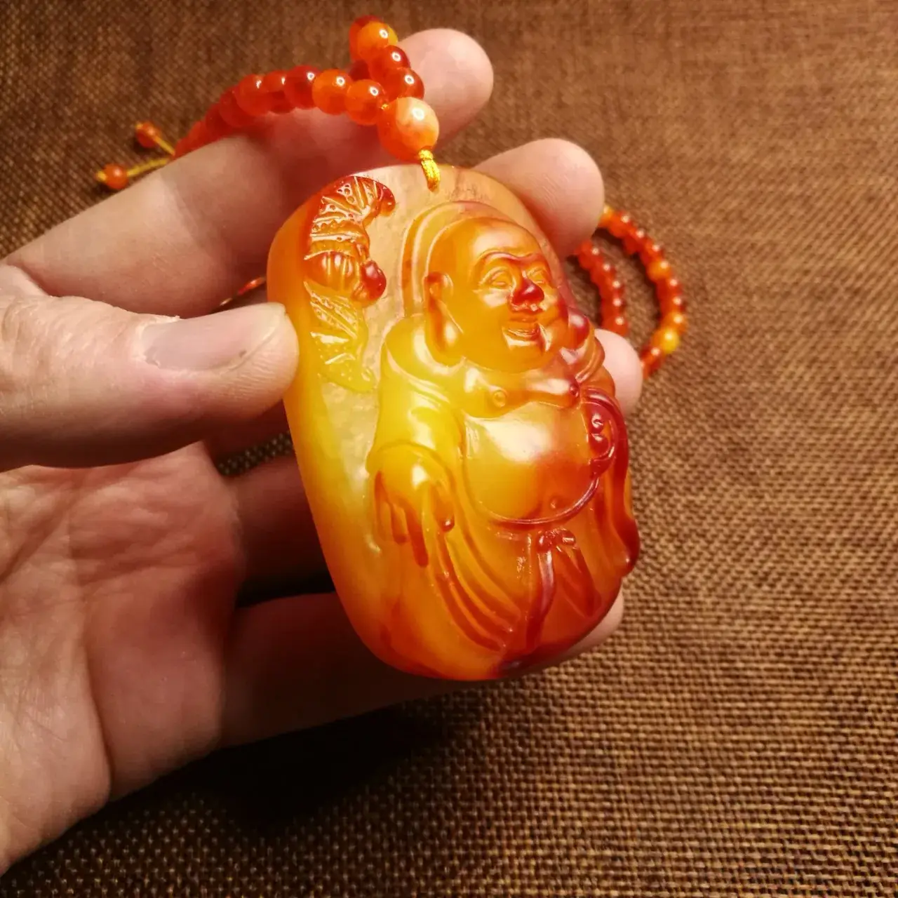 Beeswax Maitreya Buddha Pendant Yellow Amber Ethnic Necklace — feature 3