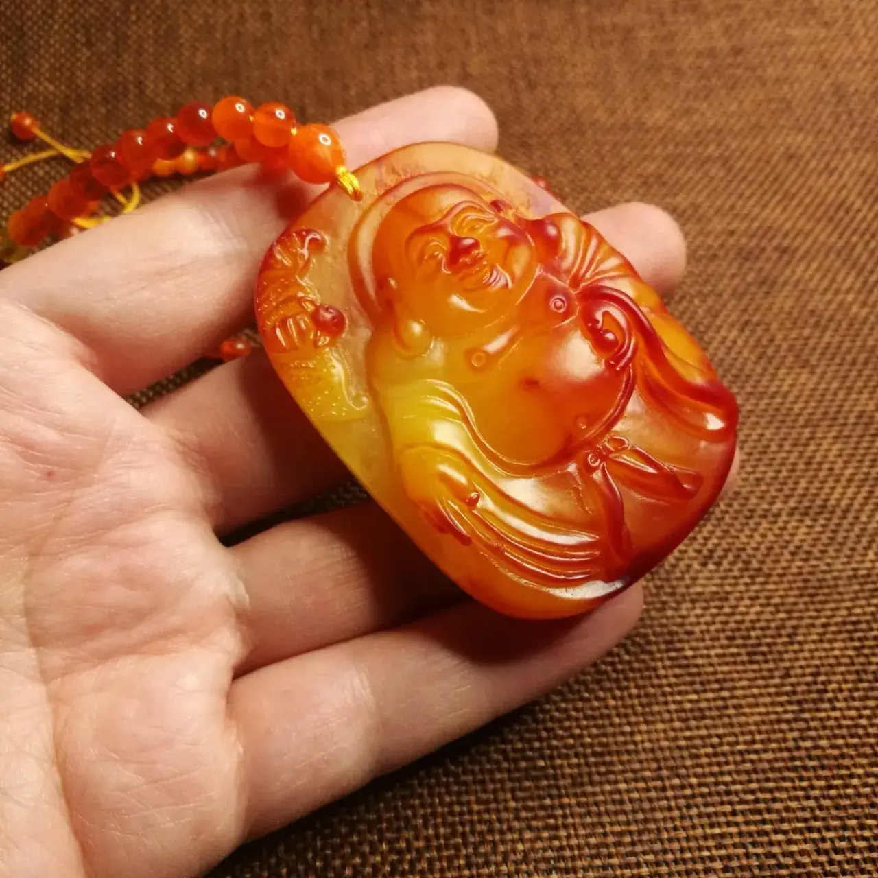 Beeswax Maitreya Buddha Pendant Yellow Amber Ethnic Necklace — feature 7