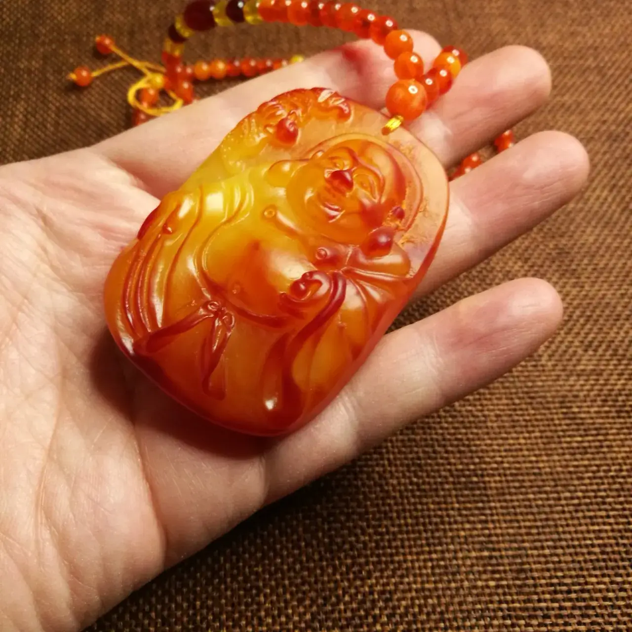 Beeswax Maitreya Buddha Pendant Yellow Amber Ethnic Necklace — feature 8