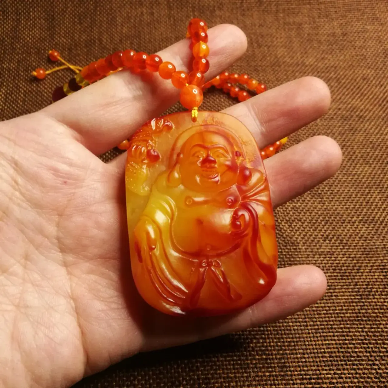Beeswax Maitreya Buddha Pendant Yellow Amber Ethnic Necklace — feature 9