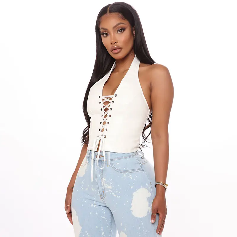 2021 Black Lace Up Sleeveless Top with High Waist Jeans - Image 14