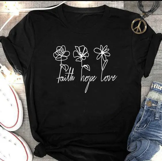 Faith Hope Love 3 Flower Short Sleeve T-Shirt Yellow - Image 2