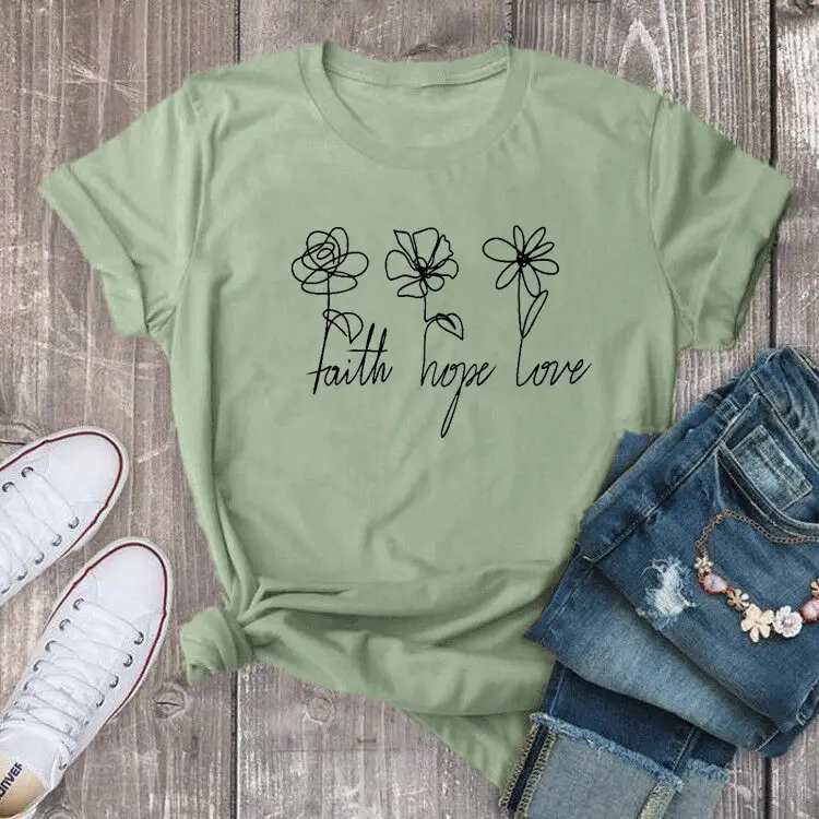 Faith Hope Love 3 Flower Short Sleeve T-Shirt Yellow - Image 4