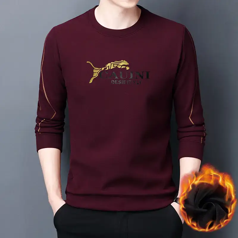 Men Fleece Dragon Print T-Shirt Brown