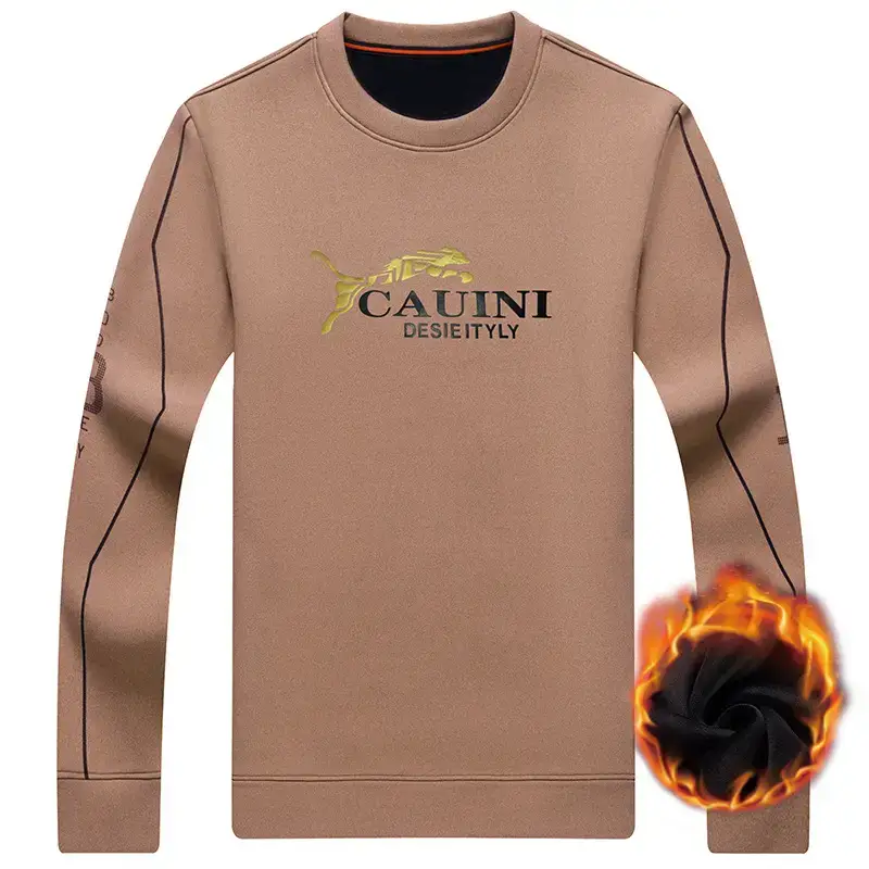Men Fleece Dragon Print T-Shirt Brown