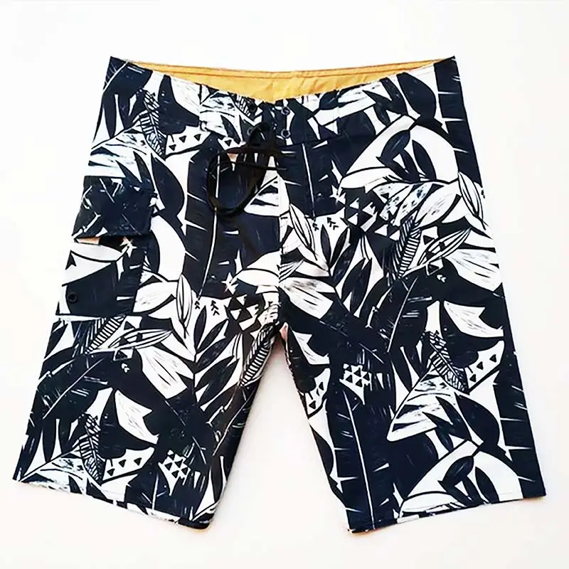 Men's Black White Leaf Print Casual Shorts - Image 4