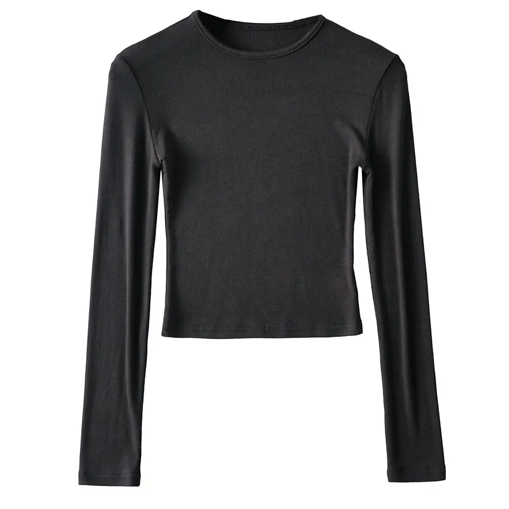 Black Slim Fit Navel Exposed Long Sleeve T-Shirt for Women - Image 5