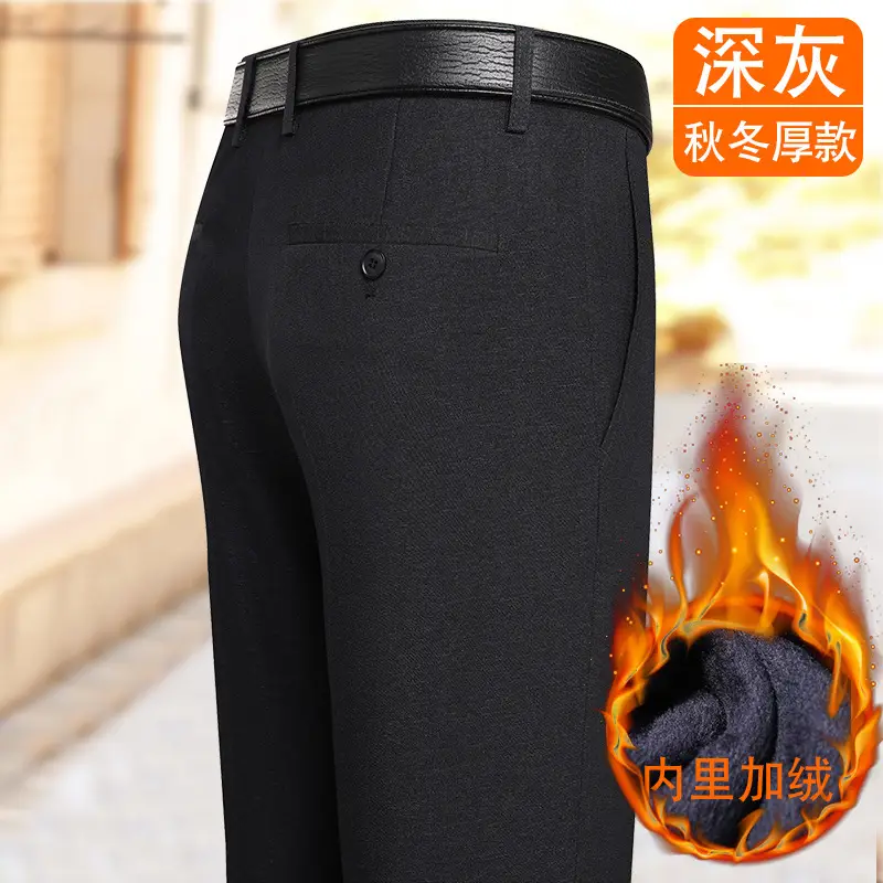 Men's Thick Fleece Lined Dress Pants Dark Gray Straight Waist - Image 3