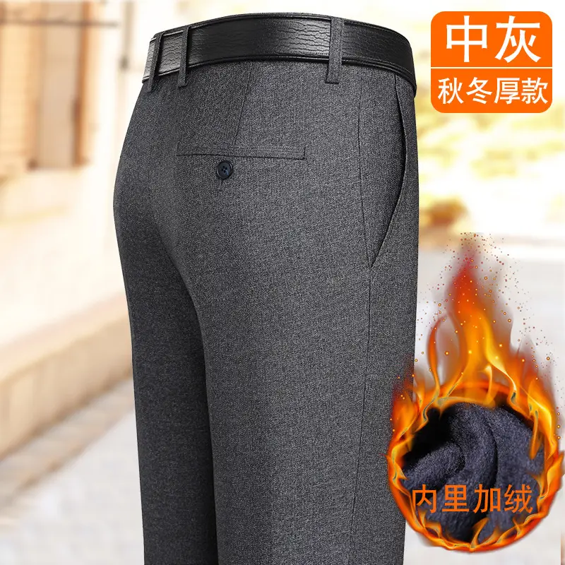 Men's Thick Fleece Lined Dress Pants Dark Gray Straight Waist - Image 4