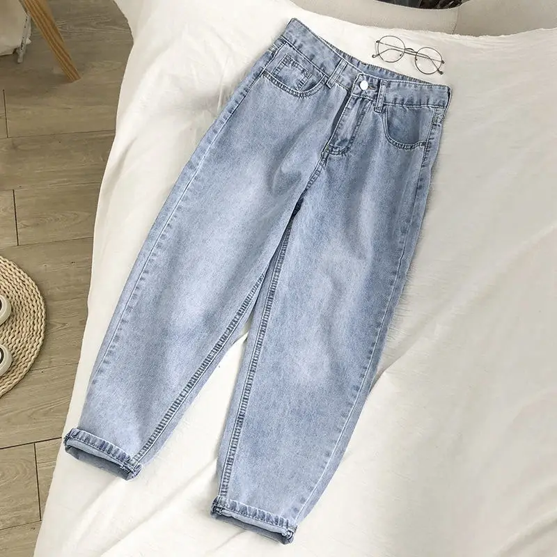 Women Vintage Light Blue Jeans High Waist Wide Leg