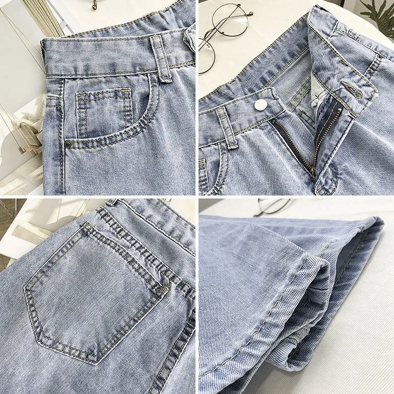 Women Vintage Light Blue Jeans High Waist Wide Leg