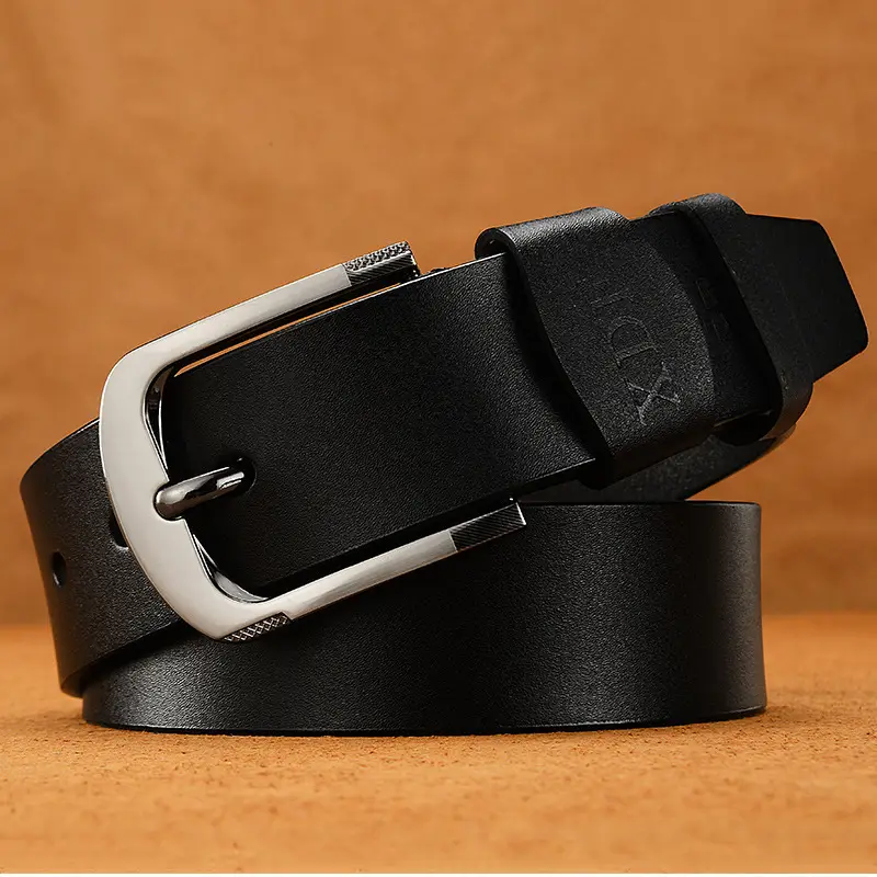 Men's Black Leather Belt with Silver Pin Buckle