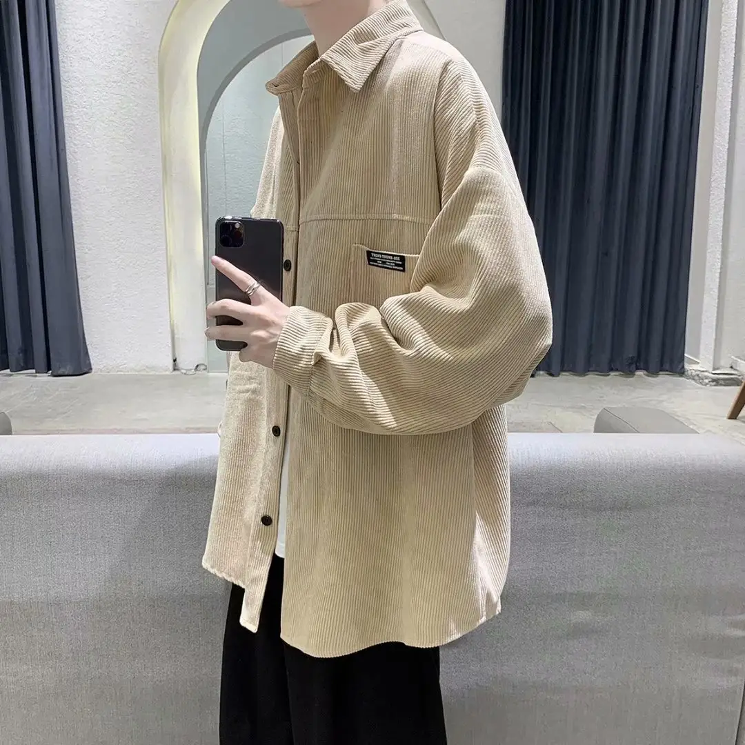 Men's Corduroy Long Sleeve Shirt Beige Large - Image 6